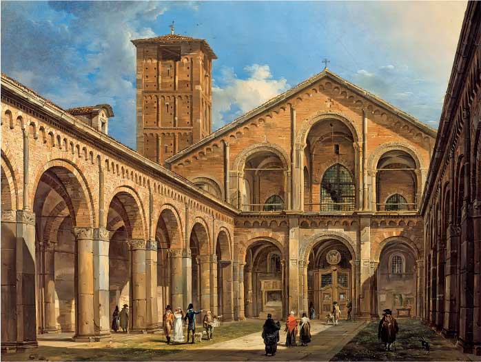 Giovanni Migliara, La basilica di Sant’Ambrogio a Milano, 1822, olio su tela, cm 47,2x61,7, Monaco, Neue Pinakothek