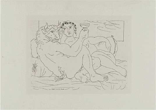 Pablo Picasso, Il riposo del Minotauro, 1933-1939, acquaforte, cm 34x44, New York, The Museum of Modern Art