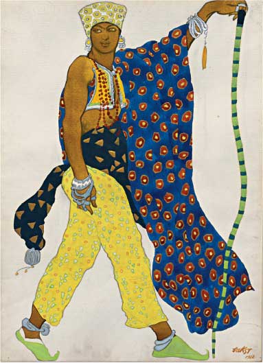 Léon Bakst, Il pellegrino, costume per il balletto Le Dieu Bleu, 1922, guazzo e matita su carta, cm 67x49, Filadelfia, Philadelphia Museum of Art