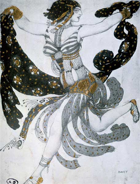 Léon Bakst, Costume per il balletto Cléopâtre, 1909, acquerello, matita, guazzo su carta, cm 25,5x18, Collezione privata