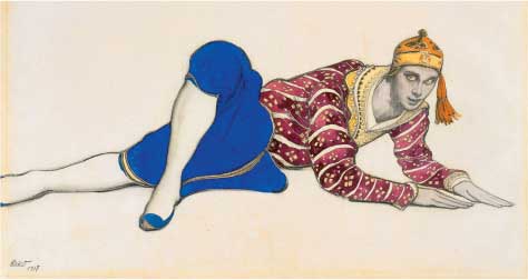 Léon Bakst, Costume per Vaslav Nijinskij come danzatore siamese in Les Orientales, 1917, acquerello e grafite su carta, cm 45,7x64,5, San Antonio, McNay Art Museum