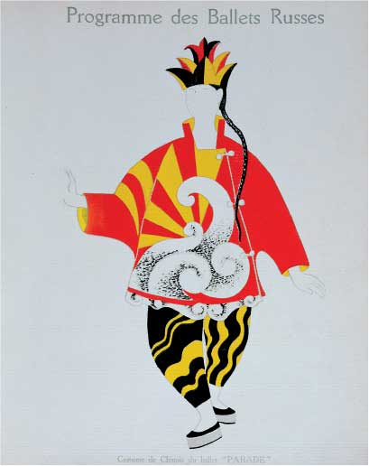 Pablo Picasso, Costume da cinese per il balletto Parade, 1917, litografia a colori, cm 28x20, Collezione privata