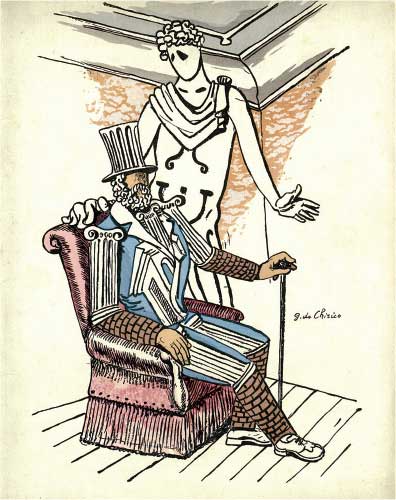 Giorgio de Chirico, Copertina del programma di sala dei Ballets russes, 1929, litografia a colori, cm 20x14, Collezione privata