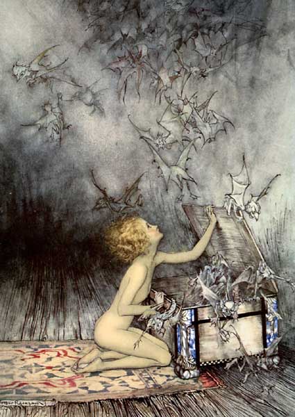 Arthur Rackham, Pandora, illustrazione per Il libro delle meraviglie di Nathaniel Hawthorne 1922, litografia a colori, cm 24x17, Collezione privata