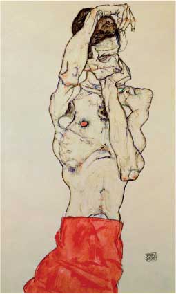 Egon Schiele, Nudo maschile in piedi con perizoma rosso, 1914, guazzo, acquerello e matita, cm 48x32, Vienna, Albertina