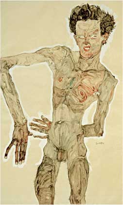 Egon Schiele, Autoritratto nudo con smorfia, 1910, guazzo, acquerello, matita su carta, cm 36,9x55,8, Vienna, Albertina