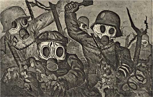 Otto Dix, Truppa d’assalto avanza sotto i gas, 1924, acquaforte, acquatinta e puntasecca, cm 34,8x47,3, New York, The Museum of Modern Art