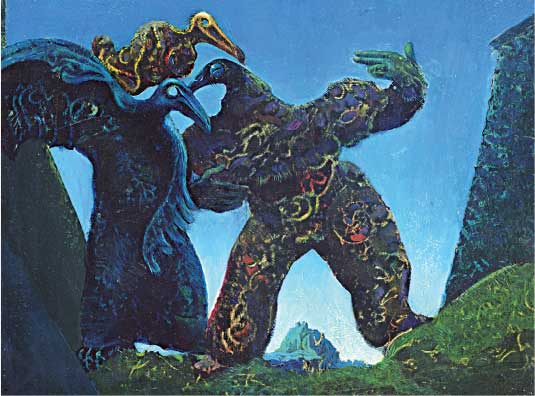 Max Ernst, I barbari marciano verso Occidente, 1937, olio su carta montata su cartone, cm 24x33, Amburgo, Hamburger Kunsthalle