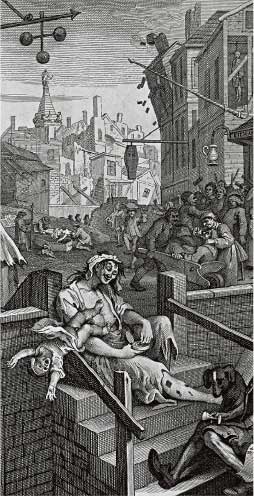 William Hogarth, Gin Lane, 1751, litografia in bianco e nero, cm 38x24, Collezione privata