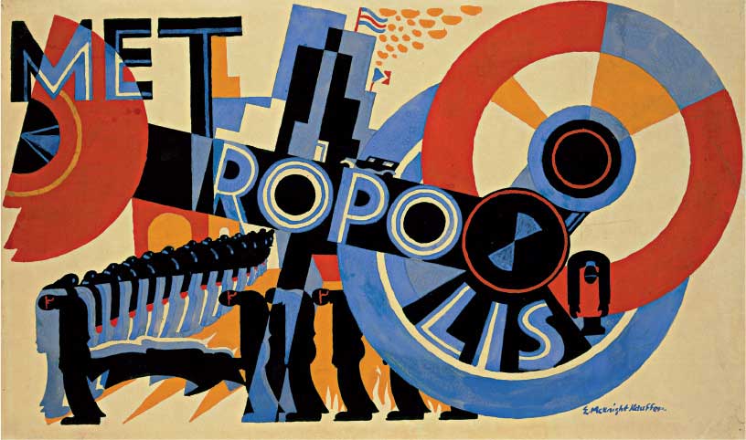 Edward McKnight Kauffer, Metropolis, 1926, guazzo su carta, cm 75x43, New York, The Museum of Modern Art