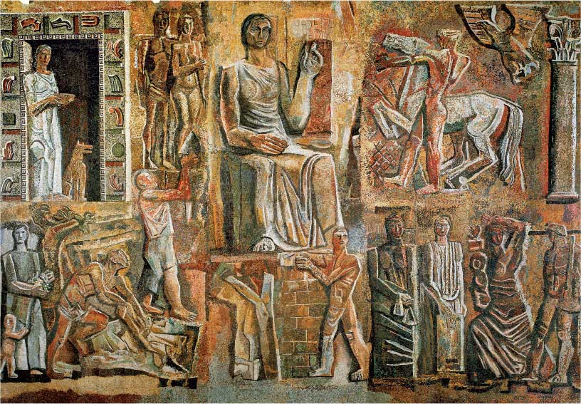 Mario Sironi, L’Italia corporativa e figure simboleggianti il lavoro e l’industria, 1936-1937, mosaico, cm 205x328, Milano, Palazzo dell’Informazione