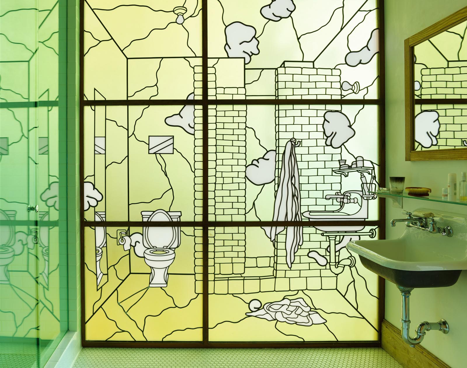 Photo of stained-glass representation of Ugo Rondinone’s bathroom.