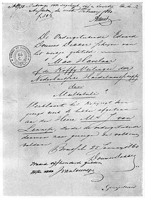 Contract betreffende de uitgave van “MAX HAVELAAR” tusschen E. Douwes Dekker en Mr. J. v. Lennep, 1860.