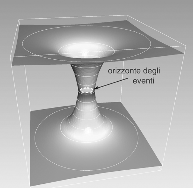 Fig. 6.3 Wormhole con due «gole» identiche e simmetriche, le quali possono unire due regioni dello spaziotempo che a grandi distanze sono piatte. La sezione più piccola della gola è leggermente più grande di quella di un buco nero di Schwarzschild con la stessa massa.