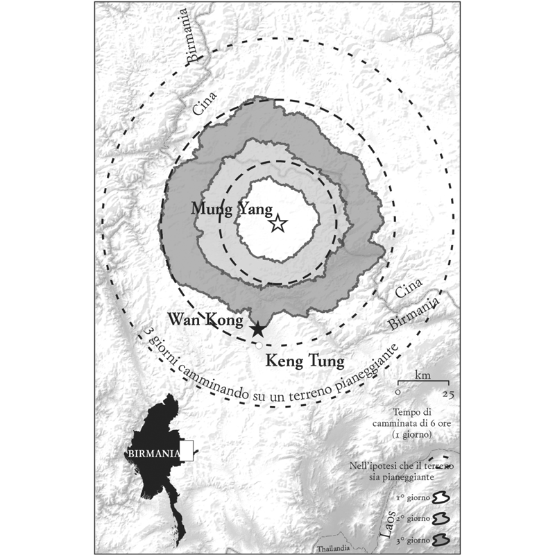 Mappa 3. L’impressionante contrazione dello spazio dello stato imposta dalle asperità del territorio può essere illustrata da una mappa che mette a confronto i tempi di percorrenza a piedi da un luogo centrale, in relazione alle difficoltà del terreno. Abbiamo scelto, a scopo illustrativo, Mung (Muang) Yang, una città shan vicina al confine tra Birmania e Cina. Le isolinee del tempo di percorrenza a piedi mostrate qui sono basate sulla «funzione dell’escursionista» di Waldo Tobler, un algoritmo che stima la possibile velocità di spostamento in relazione alla pendenza in ogni dato punto del territorio. Le isolinee mostrano la distanza percorribile in un giorno di cammino di sei ore. Le distanze sul terreno in piano, basate sull’algoritmo di Tobler, sono indicate per confronto con una linea punteggiata. Partendo da Mung Yang, un viaggiatore impiega tre giorni per coprire una distanza che, se fosse un territorio pianeggiante, coprirebbe in un giorno e mezzo o due. La percorrenza è piú difficile verso sud e nord-ovest e piú facile verso est. Se assumiamo che l’ambito di controllo varia direttamente con la facilità degli spostamenti, allora l’area totale sotto il controllo di un ipotetico staterello con al centro Mung Yang sarebbe meno di un terzo di quanto sarebbe se il terreno fosse pianeggiante.