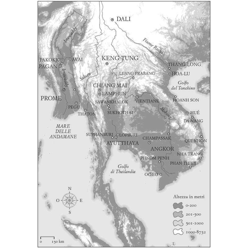 Mappa 4. Fiumi e stati classici del Sud-est asiatico: come illustrato dalla mappa, la coincidenza degli stati classici con i corsi d’acqua navigabili è la regola generale. Il fiume Saluen/Nu/Thanlwin ha dato origine a un solo stato classico, Thaton, al suo estuario. Per la gran parte del suo lungo corso, il Saluen scorre tra ripide gole e non è navigabile ed è solo per questo motivo che rappresenta un’eccezione. Anche Keng Tung e Chiang Mai rappresentano eccezioni, nel senso che nessuno dei due è collocato su un importante fiume navigabile, ma entrambi dominano una grande pianura adatta alla coltivazione del riso e quindi alla formazione dello stato.