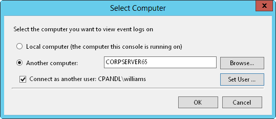 A screen shot of the Select Computer dialog box showing settings to connect to another computer. Two options are listed, Local Computer and Another Computer. Next to the Another Computer option is a text box and then a Browse button. Underneath this option is a check box for connecting as another user and a Set User button.