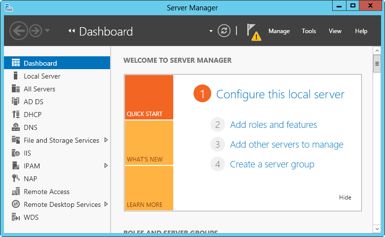 A screen shot of the Server Manager dialog box, showing an overview of installed roles and features.