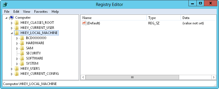 A screen shot of the Registry Editor, showing HKEY_LOCAL_MACHINE.