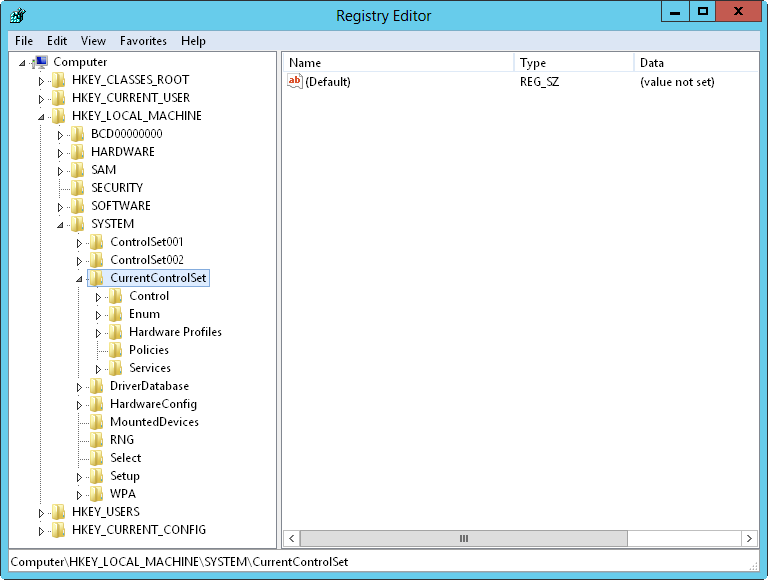 A screen shot of the CurrentControlSet subkey in HKEY_LOCAL_MACHINE\SYSTEM.