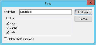 A screen shot of the Find dialog box in the Registry Editor, which you can use to search the registry.