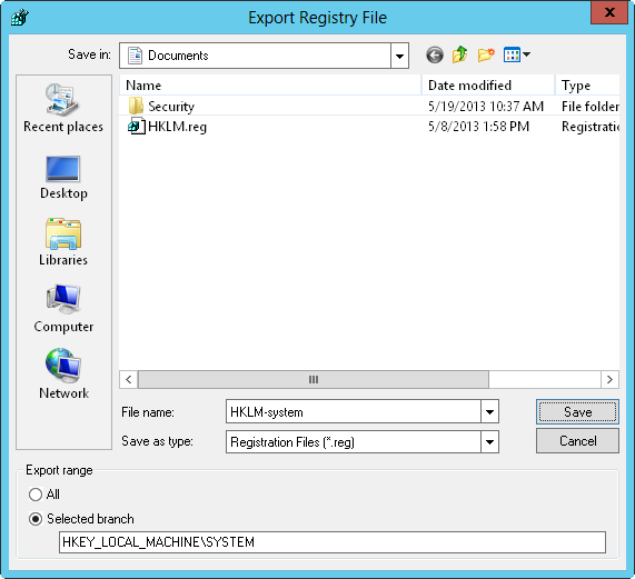 A screen shot of the Export Registry File dialog box, which you can use to save and import the registry file to this or another computer.