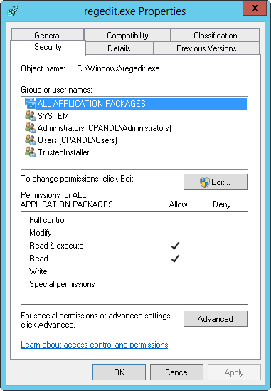 A screen shot of the Security tab in the Registry Editor Properties dialog box, where you can set permissions to limit access to the Registry Editor.