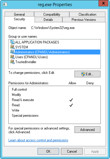 A screen shot of the Reg.exe Properties dialog box, showing default permissions.