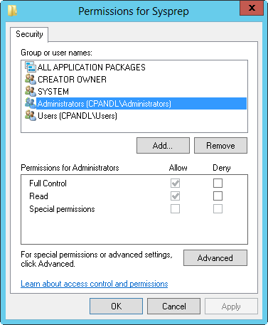 A screen shot of the Permissions For dialog box, where you can set permissions for the selected registry key.