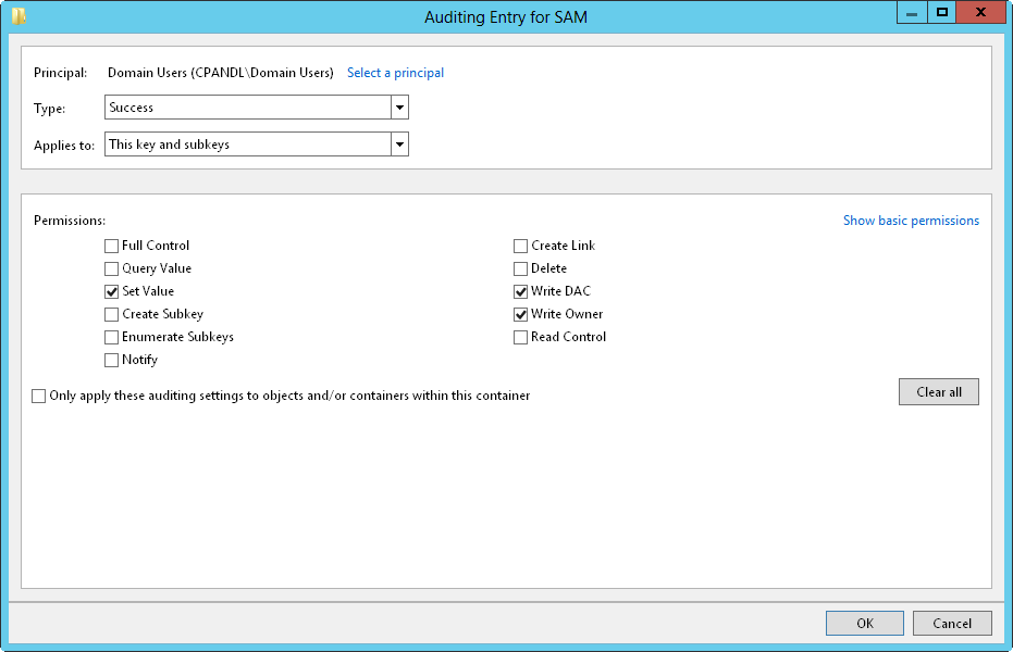 A screen shot of the Auditing Entry For dialog box, where you can specify the permissions you want to track.