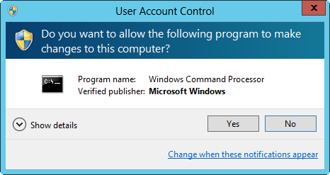 A screen shot of the User Account Control prompt for users who are logged on to an administrator account.