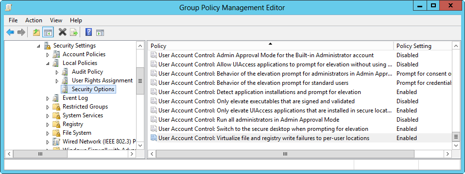 A screen shot of the Local Security Policy console, showing policies to configure UAC options.