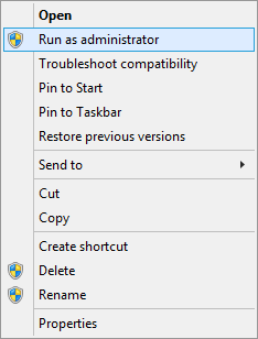 A screen shot of a shortcut menu of an application, showing the Run As Administrator option.