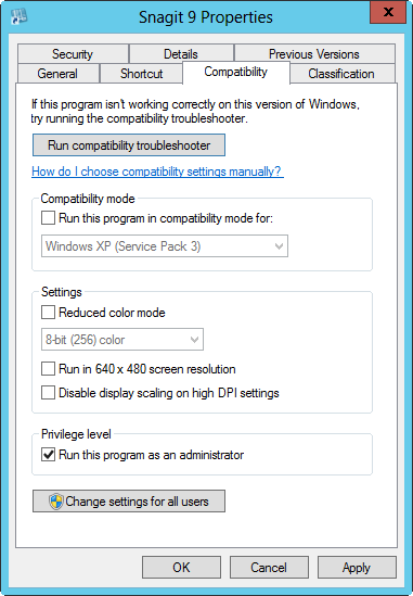 A screen shot of the Compatibility tab of a program’s Properties dialog box, showing run settings.