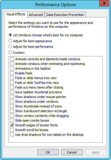 A screen shot of the Visual Effects tab in the Performance Options dialog box. At the top, you can select what’s best for your computer, best for appearance or performance, or a custom option. Below that is a list of effects with a check box next to each.