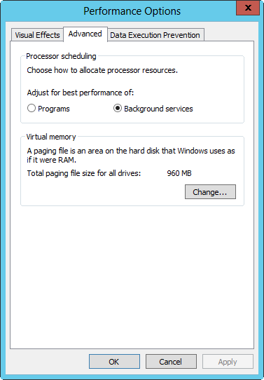 A screen shot of the Advanced tab of the Performance Options dialog box, showing processor-scheduling options.