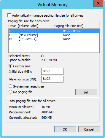 A screen shot of the Virtual Memory dialog box, showing configuration options for paging files.