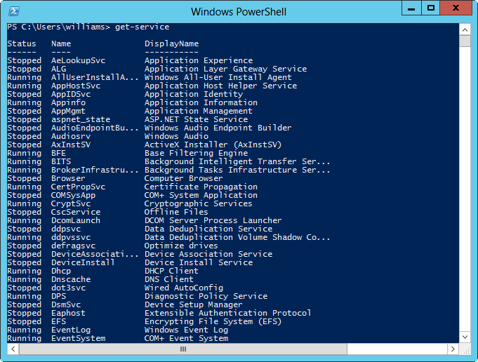 A screen shot of a Windows PowerShell console, using the get-service command.