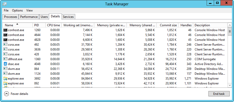 A screen shot of the Details tab in Task Manager, showing information of running processes.