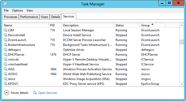 A screen shot of the Services tab in Task Manager, showing information on configured services.