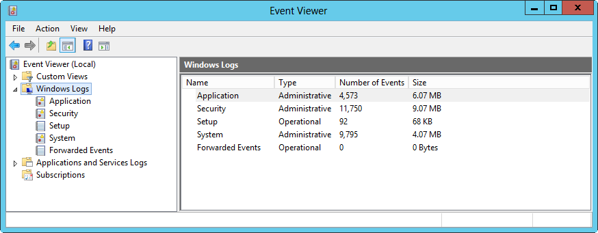 A screen shot of the Event Viewer console, showing Windows Logs.