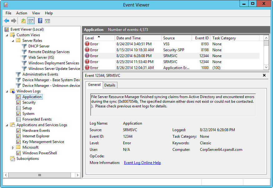 A screen shot of the Event Viewer console, showing logged events.