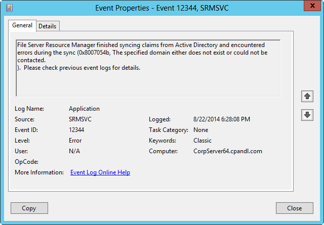 A screen shot of an event’s Properties dialog box, showing event details.