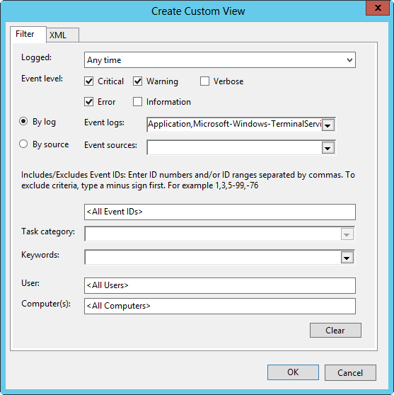 A screen shot of the Create Custom View dialog box, showing options on the Filter tab to create a custom view.