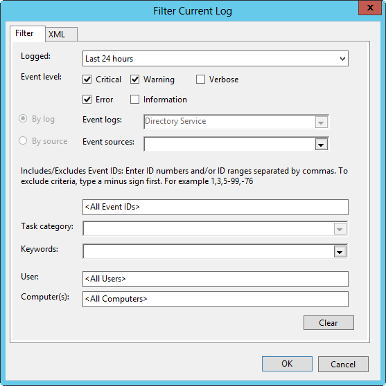 A screen shot of the Filter Current Log dialog box, showing options to create a temporary view.