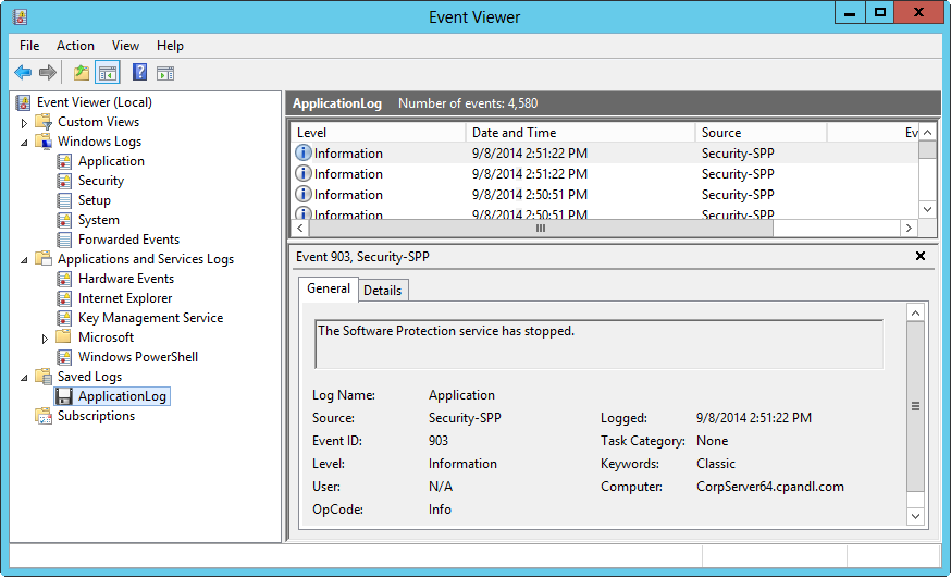 A screen shot of the Event Viewer console, showing archived logs.