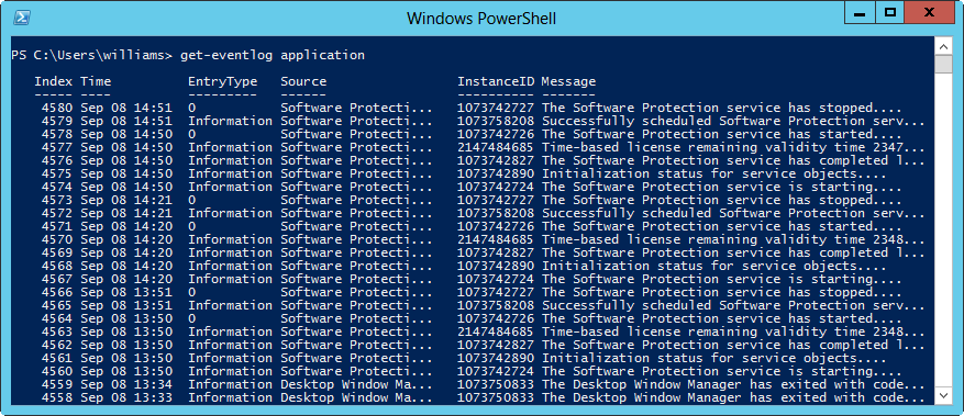 A screen shot of the Windows PowerShell console by using the get-eventlog command.