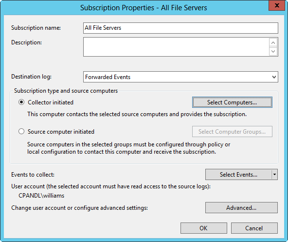 A screen shot of the Subscription Properties dialog box, showing options to create a subscription to collect forwarded events.