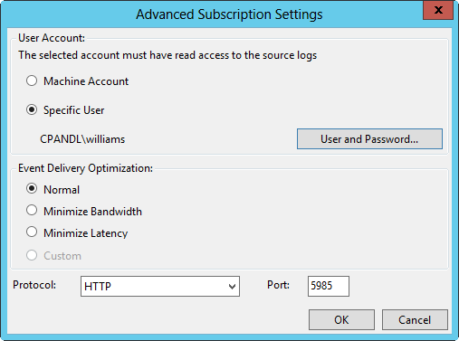 A screen shot of the Advanced Subscription Settings dialog box with Specific User selected.