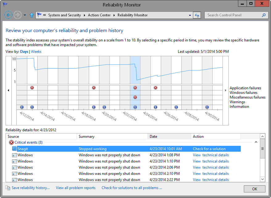 A screen shot of the Reliability Monitor console, showing a graphical depiction of overall reliability.